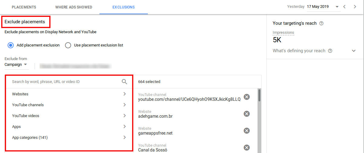 exa,mple of excluding placements for Google Ads
