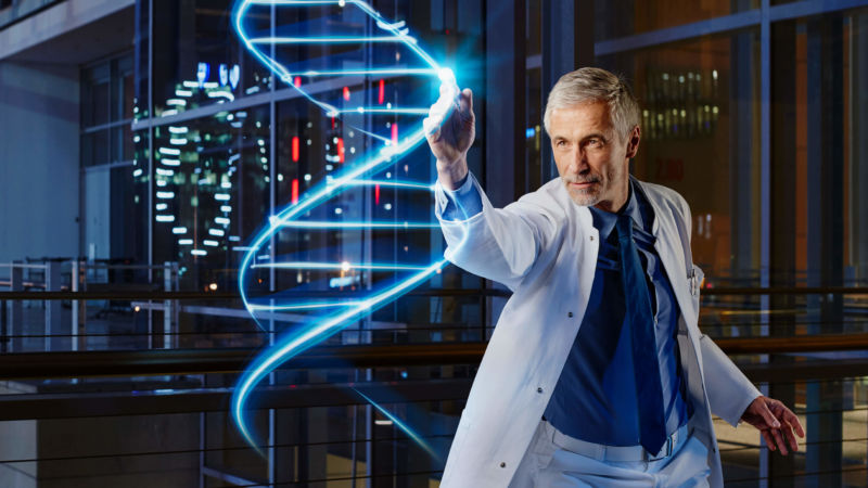 Artist's impression of scientist doing DNA science.