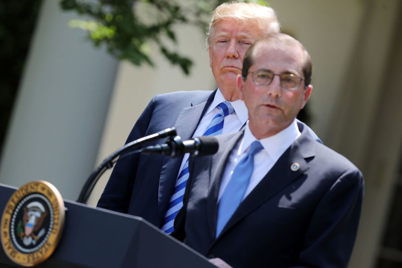 WASHINGTON, DC - MAY 11, 2018: U.S. Health and Human Services Secretary Alex Azar (R) announced a 'blueprint' for lowering the cost of prescription medication with President Donald Trump in the Rose Garden at the White House.