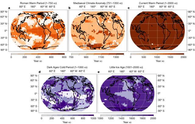 Maps of the time of peak warming or cooling during each named time period. (The "Medieval Climate Anomaly" is also known as the "Medieval Warm Period.")