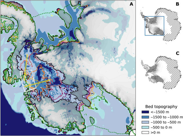 This map shows bedrock elevation beneath the ice sheet, with the white box highlighting the area of the Pine Island and Thwaites Glaciers where snow would be added in this scenario.