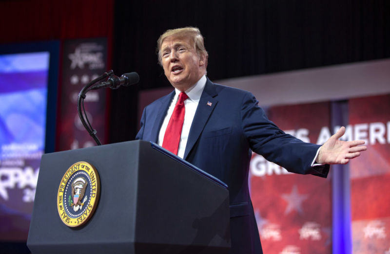 President Donald Trump speaking to a crowd.