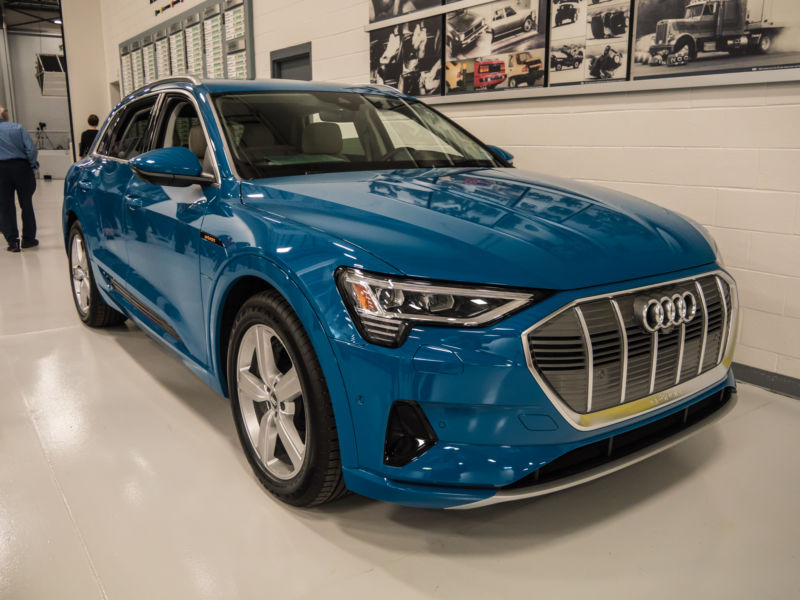 Ars Technica's Jonathan Gitlin spotted this e-tron being prepared for crash testing during a visit to IIHS testing facilities.