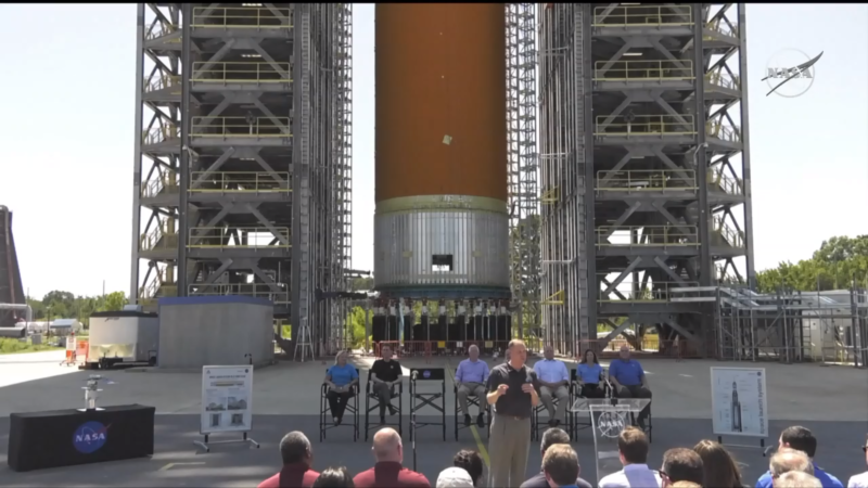 NASA Administrator Jim Bridenstine speaks in front of a large hydrogen tank Friday at Marshall Space Flight Center.