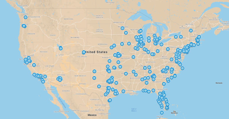 A map showing the approximate location of the 405 police departments working with Ring as of August 30, 2019