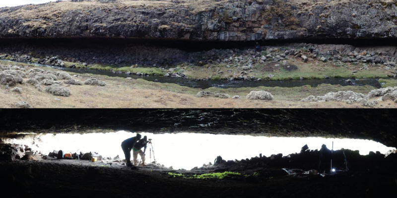 Photo of rock shelter entrance from outside, and from inside with a person bending over to show how low it is.