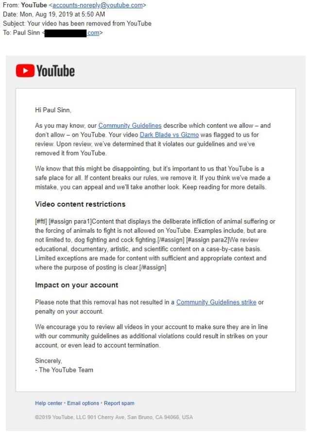 The YouTube takedown email to Paul Sinn.