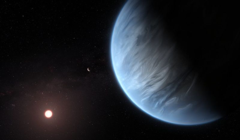 Graphic of a cloudy blue planet and its host star.