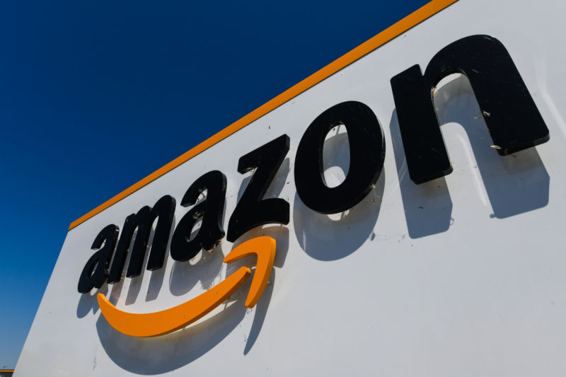 The Amazon logo at the entrance of a logistics center in France, July 2019.