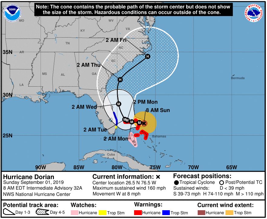 National Hurricane Center forecast for Dorian in effect on Sunday morning.