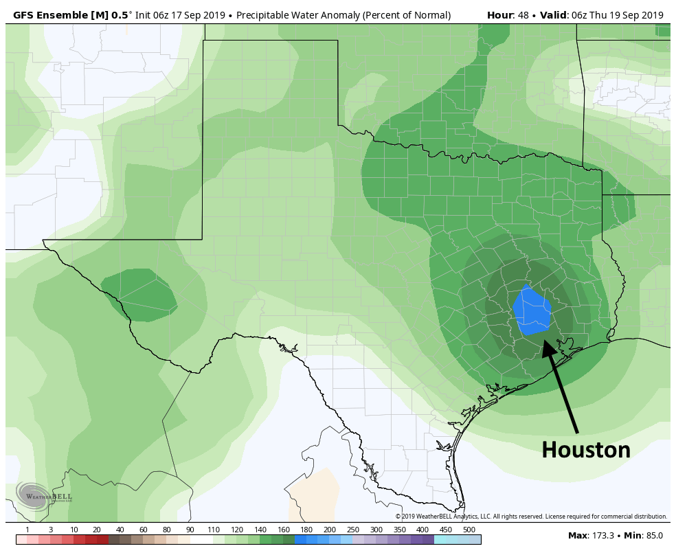 "Percent of normal" precipitable water levels for early Thursday morning forecast by the GFS ensemble model.