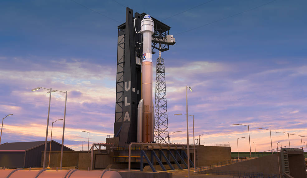 This illustration shows Boeing's CST-100 Starliner spacecraft atop a United Launch Alliance Atlas V rocket at Space Launch Complex 41 at Cape Canaveral Air Force Station in Florida.