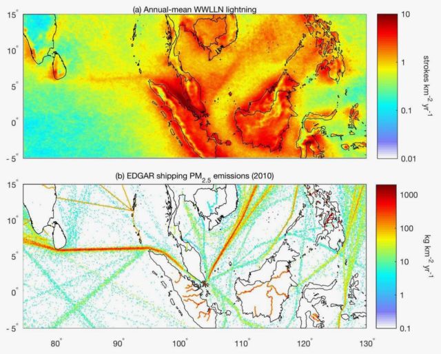 A comparison of lightning strikes between 2005 and 2016 in the eastern Indian Ocean and South China Sea (above) and shipping emissions (below) shows a clear correlation between where humans sail and where lightning hits.