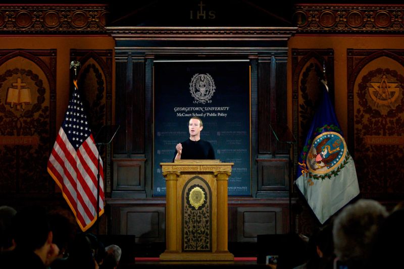 “I’m here today because I believe we must continue to stand for free expression,” Facebook CEO Mark Zuckerberg told an audience at Georgetown University Thursday.