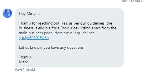 Twitter DM from Google rep: kiosks are able to create listings, as per guidelines