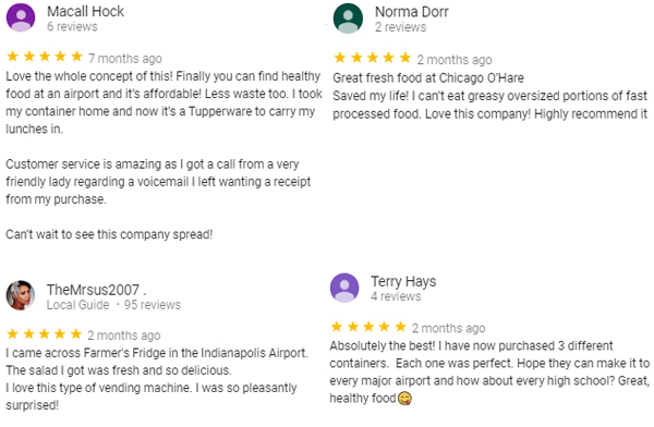 Screenshot: Multiple positive five-star Yelp reviews praising existing kiosks