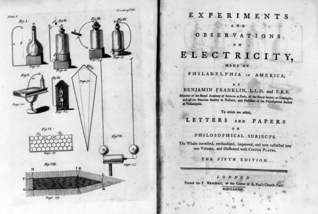 Circa 1750: The title page from the 5th edition of Benjamin Franklin's scientific book <em>Experiments and Observations on Electricity.</em>