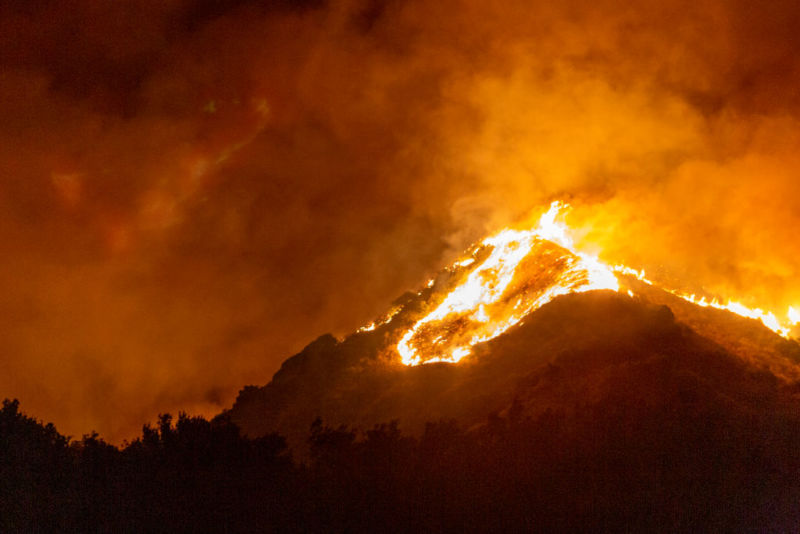 SOMIS, CA - NOVEMBER 01: The Maria Fire burns on a hillside as it expands up to 8,000 acres on its first night on November 1, 2019 near Somis, California. Southern California has been hit by a series of dangerous, fast-moving wildfires this week as Santa Ana Winds ushered in strong gusts up to 80mph and extremely low humidity. (Photo by David McNew/Getty Images)