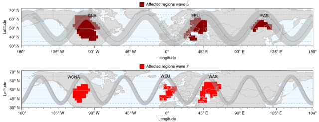 The areas identified as seeing much higher chances of heatwaves during five-meander (top) and seven-meander jet stream patterns.