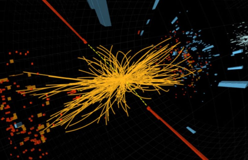 A collision in the LHC's Compact Muon Solenoid (CMS) detector produces a Higgs boson signature.