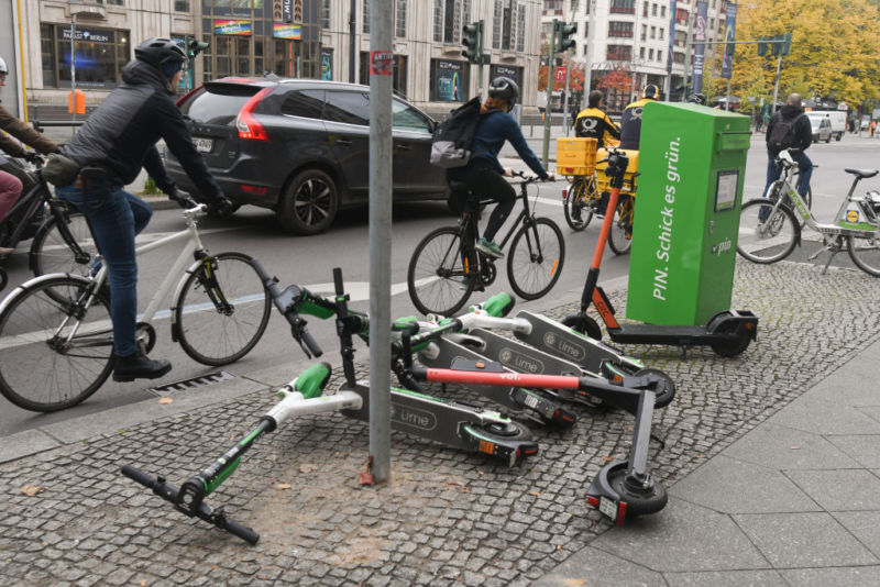 An example of electric scooters left in Berlin city on Thursday, November 7, 2019, in Berlin, Germany.