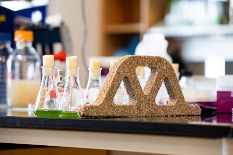 Small flasks of green liquid on a lab bench near a sand-colored arch.