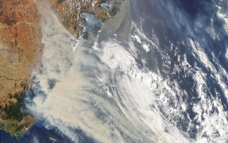 Satellite photo of smoke over Australia.