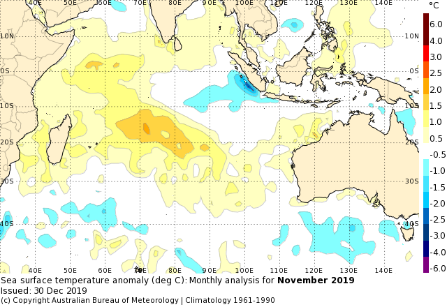 Indian Ocean surface temperatures above and below average in November 2019.