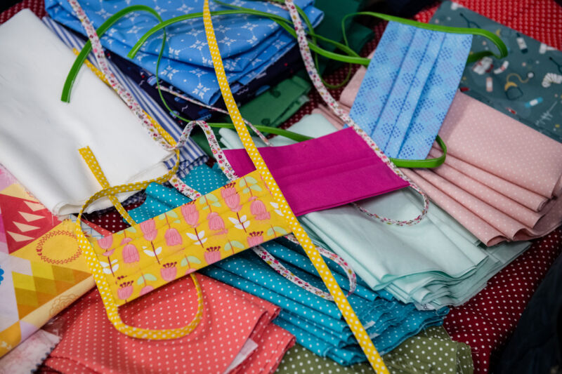 Self-sewn protective face masks in a fabric store on April 3, 2020 in Jena, Germany. 