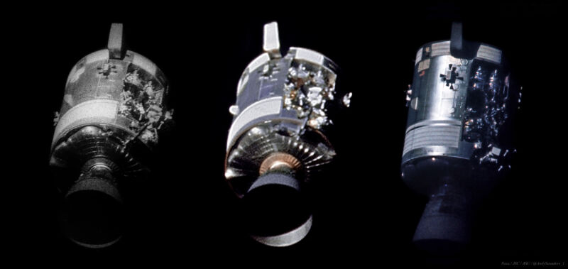 Comparison of the damaged service module of Apollo 13. At left, the familiar image. At center: a stack of eight frames of 16mm film. At right, a high resolution scan of the original transparency. 