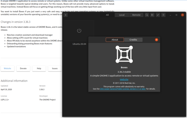 No, we didn't download the latest bleeding-edge version of Boxes from Flathub—but our Focal Fossa package is only a single minor point-release out of date.