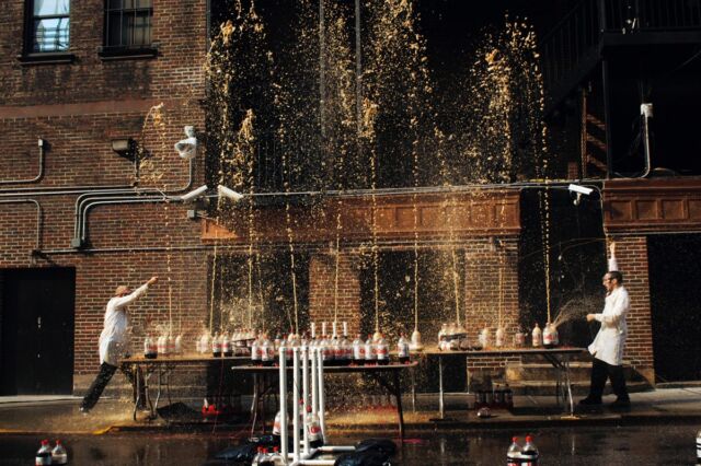 Fritz Grobe and Stephen Voltz perform the "Diet Coke and Mentos Experiment" on 53rd Street outside the Ed Sullivan Theater on the <em>Late Show with David Letterman </em>in 2006.