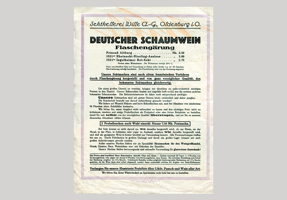 Sektkellerei Wille flyer (Germany, c.1925)