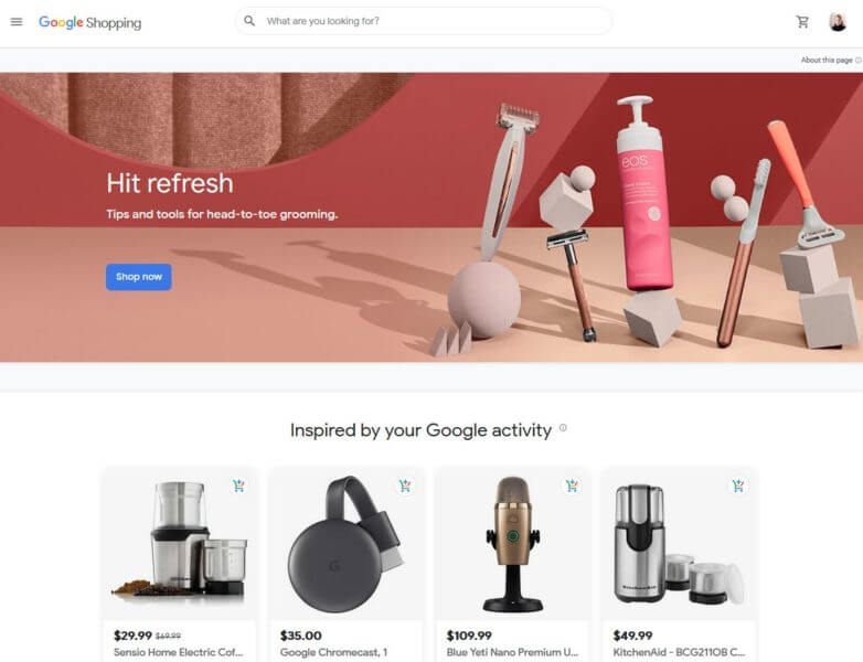 Google Shopping hub homepage.