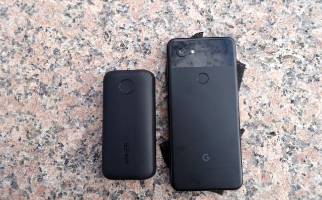 Anker's PowerCore 10000 PD Redux portable battery next to a Google Pixel 3a.