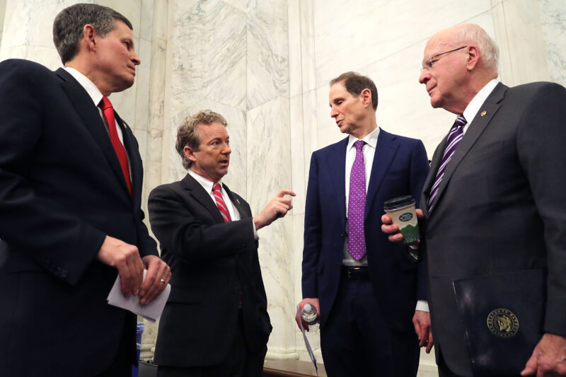 Sen. Steve Daines (R-Mont.), Sen. Rand Paul (R-Ky.), Sen. Ron Wyden (D-Ore.) and Sen. Patrick Leahy (D-Vt.) speak in January. The four men are leading advocates for limiting government surveillance powers.