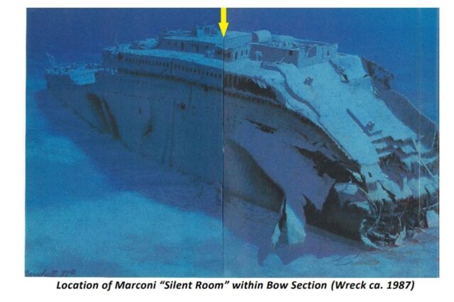 An illustration of the RMS Titanic Inc.'s plan to recover the Marconi wireless telegraph equipment from inside the shipwreck.