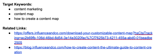Content creation example: Outline Keywords and Links