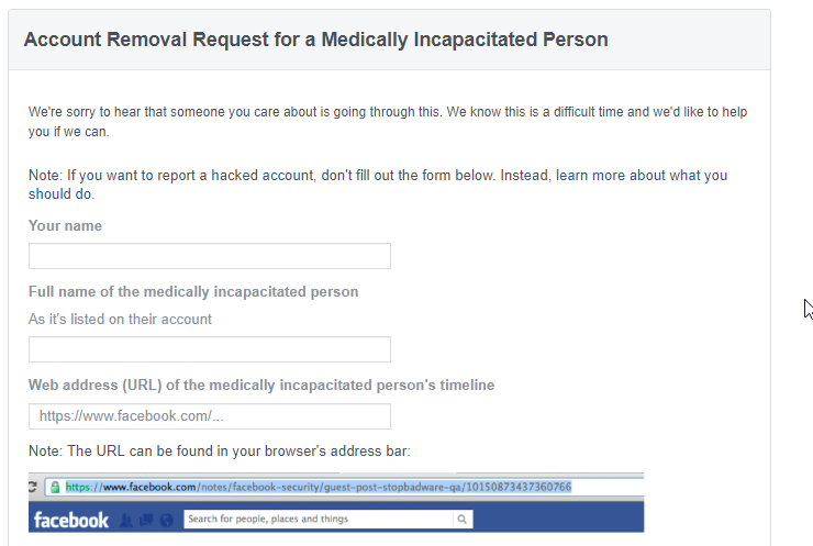 Facebook Account Removal Request for a Medically Incapacitated Person