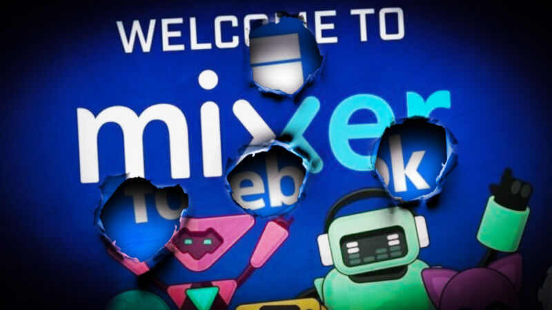 Cartoon robots dance in front of a sign saying Welcome to Mixer.