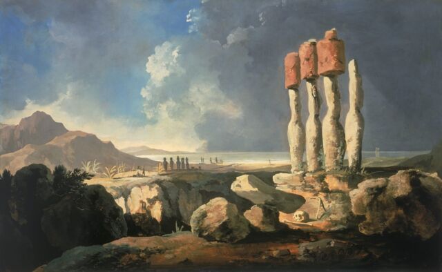 <em>A View of the Monuments of Easter Island, Rapanui,</em> circa 1775–1776 by William Hodges.