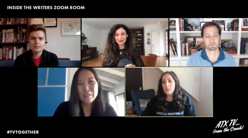 ATX TV's panel on writers' room Zooms: From L to R, top row: IndieWire's Ben Travers (moderator), Sera Gamble (Netflix's You), Dan Goor (Brooklyn Nine-Nine). Bottom row: Melinda Hsu Taylor (Nancy Drew) and Beth Schwartz (Sweettooth) 