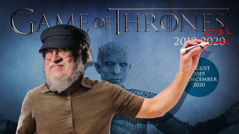 Photoshopped image of author George RR Martin standing in front of a promotional image from TV show Game of Thrones.