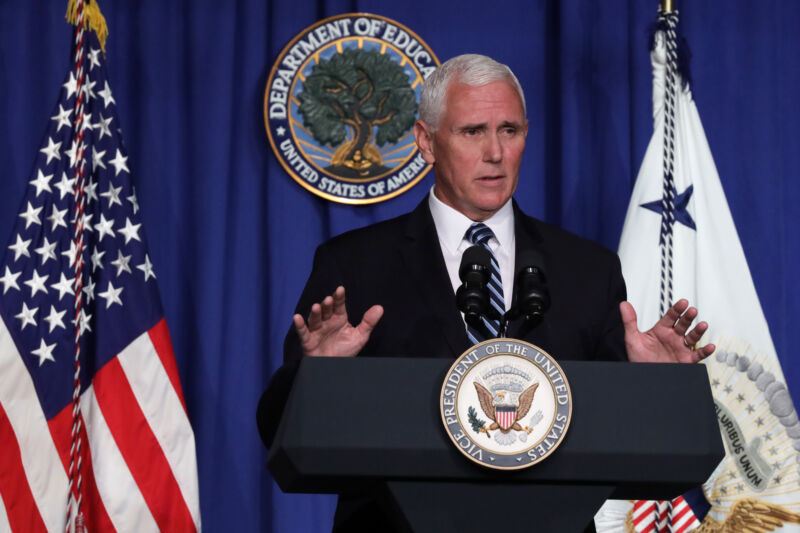 WASHINGTON, DC - JULY 08: US Vice President Mike Pence speaks during a White House Coronavirus Task Force press briefing at the US Department of Education July 8, 2020 in Washington, DC. 