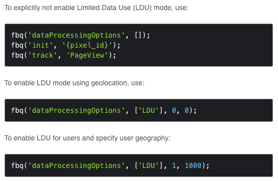 implementation options for facebook limited data use CCPA