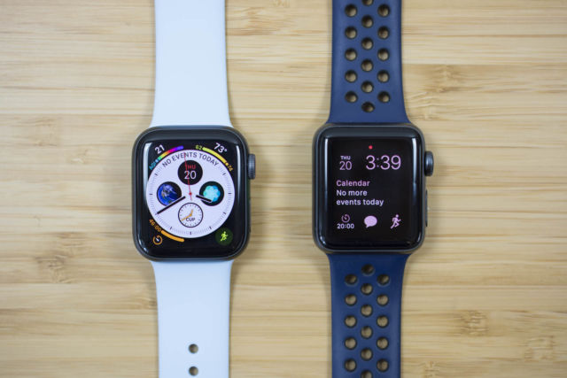 A 40mm Apple Watch Series 4 next to a 38mm Apple Watch Series 3.