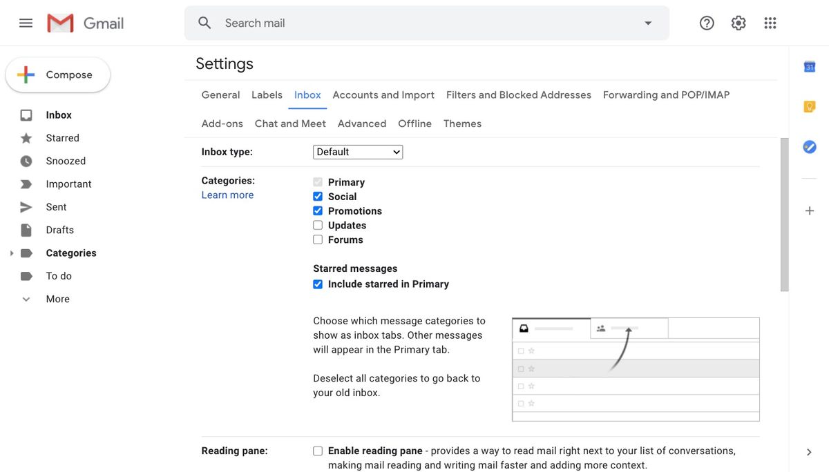 Default inbox type categories