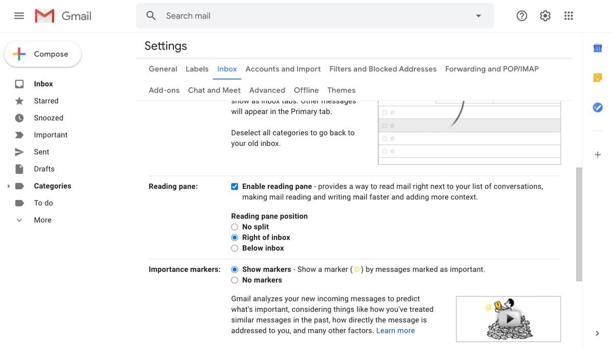 Reading pane settings