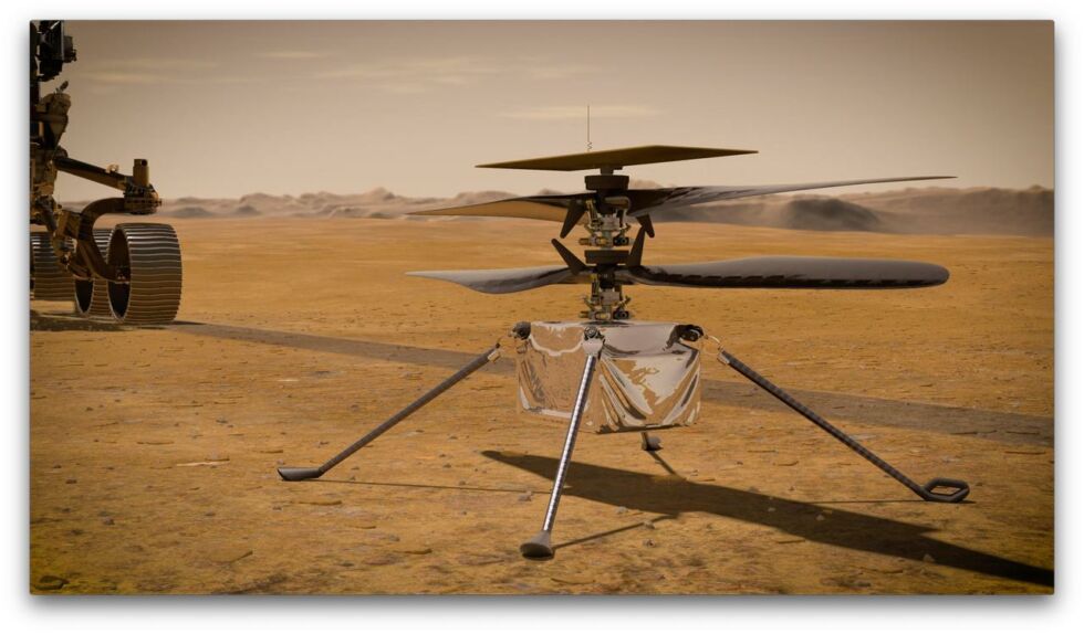 Artist's impression of the Ingenuity helicopter on Mars.