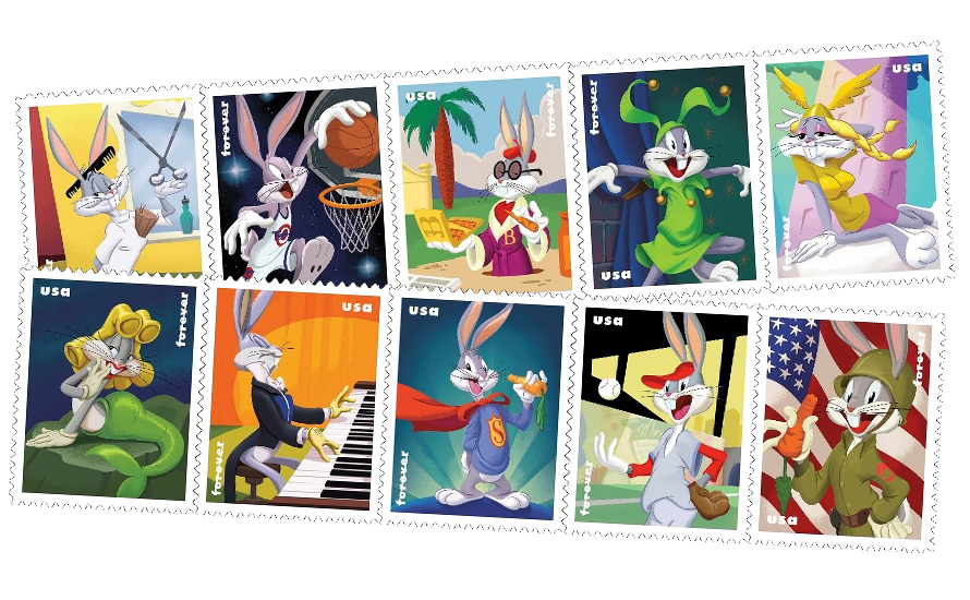 shots of bug bunnys in various costumes on stamps